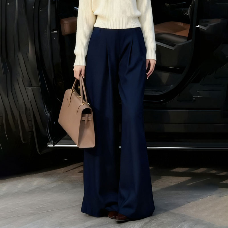 欧货高端定制藏蓝色大码阔腿裤女