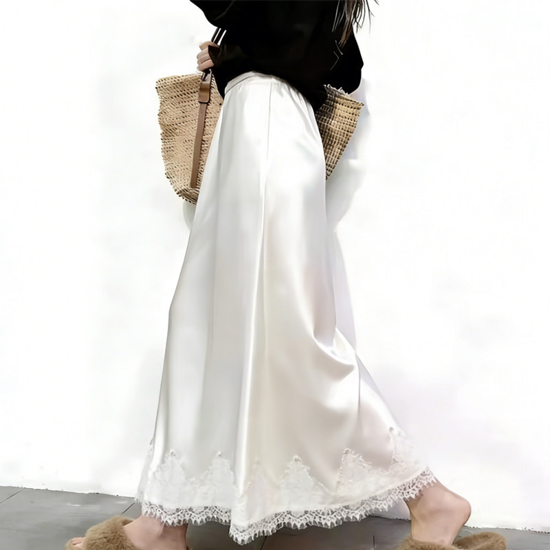 欧货高端定制亮白色缎面大码半身裙女2026早春新款蕾丝拼接A字裙,女装/女士精品,大码半身裙,淘宝优惠券,粉丝福利购,淘宝优惠卷