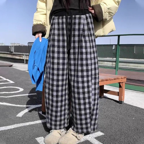 高端定制灰色毛呢大码格子阔腿裤