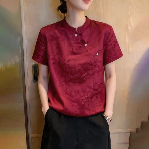 新中式国风酒红色大码提花上衣女