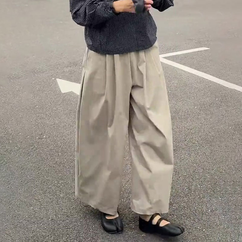 高端定制宽松卡其色大码阔腿裤女