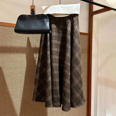 高端定制棕色毛呢大码格纹半身裙