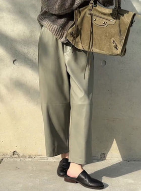 高端定制灰绿色大码阔腿皮裤女2025秋季新款高级感气质宽松休闲裤