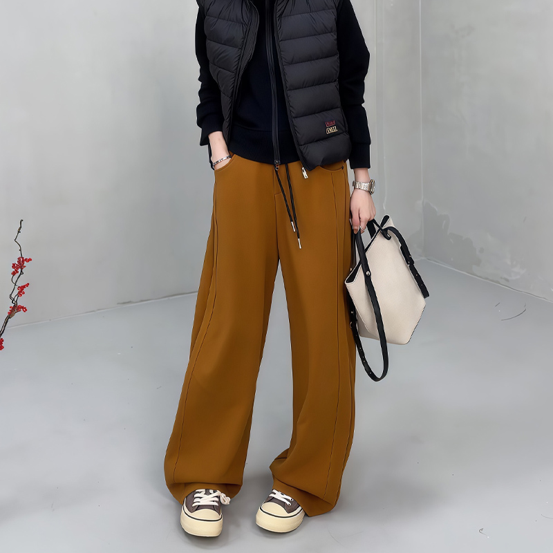 高端定制脏橘色毛呢松紧腰阔腿裤