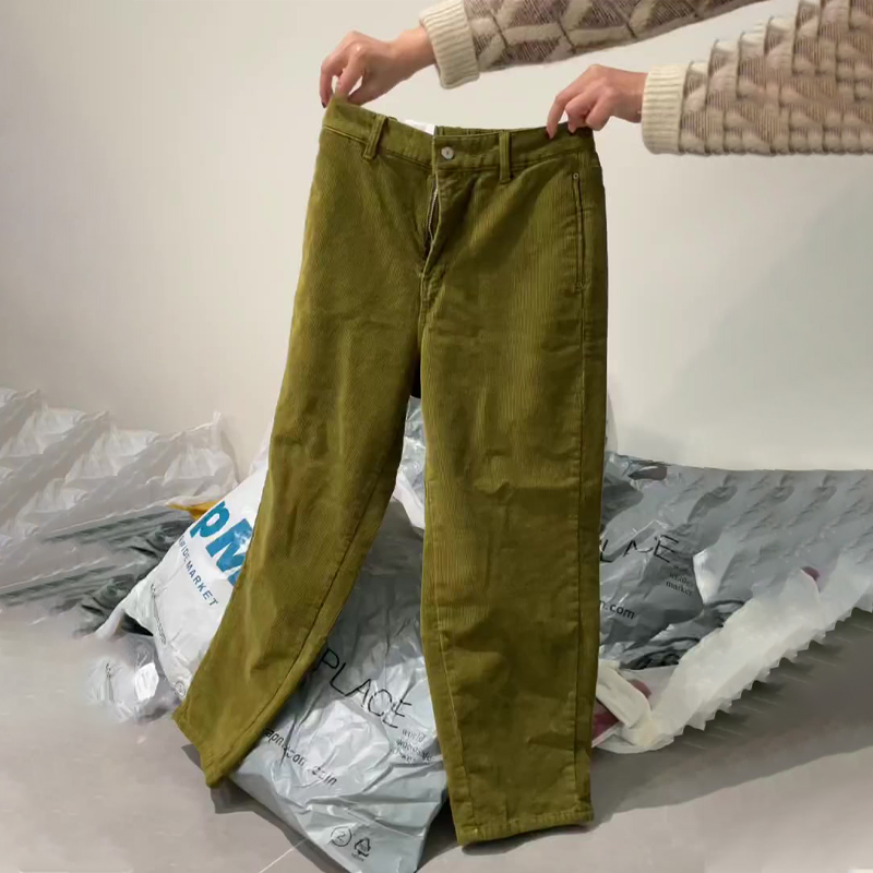 高端定制橄榄绿灯芯绒大码阔腿裤