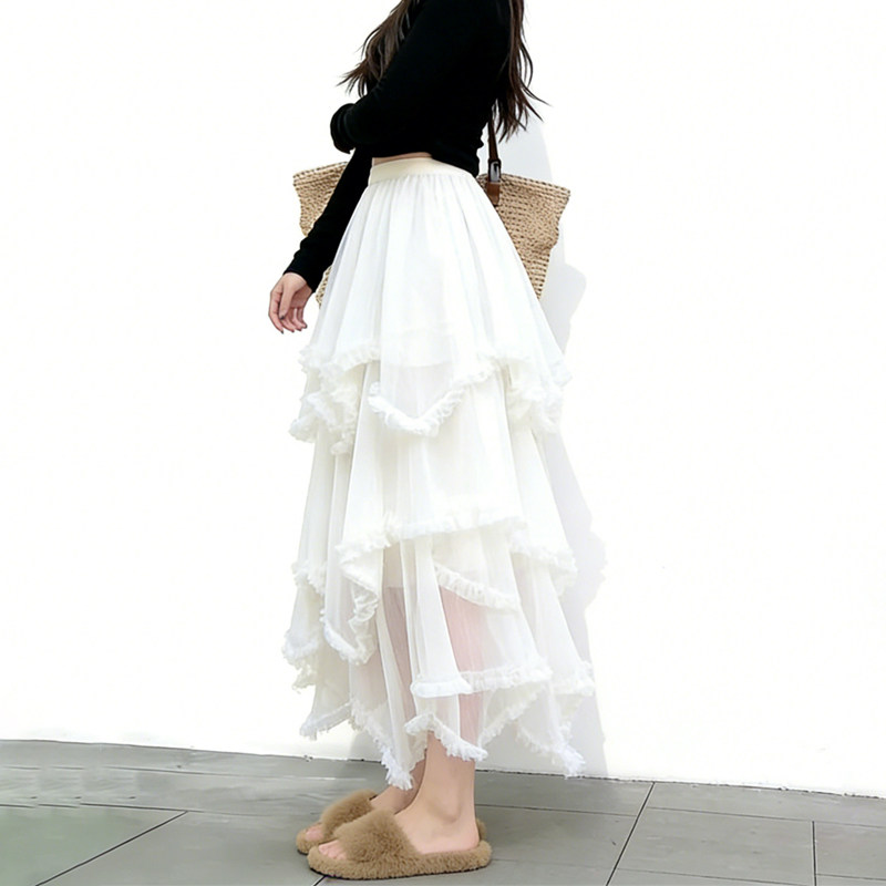 欧货高端定制白色网纱大码半身裙女2026早春新款荷叶边小众A字裙,女装/女士精品,大码半身裙,淘宝优惠券,粉丝福利购,淘宝优惠卷