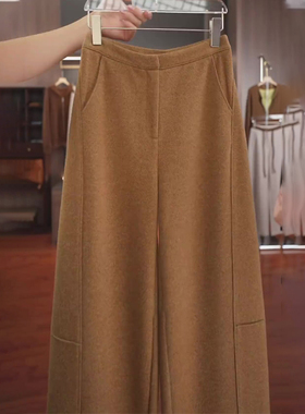 欧货高端定制姜黄色毛呢大码阔腿裤女2025冬季新款加厚慵懒弯刀裤
