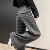 欧货高端定制灰色毛呢大码 子 格子休闲直筒裤 阔腿裤 女2026早春新款