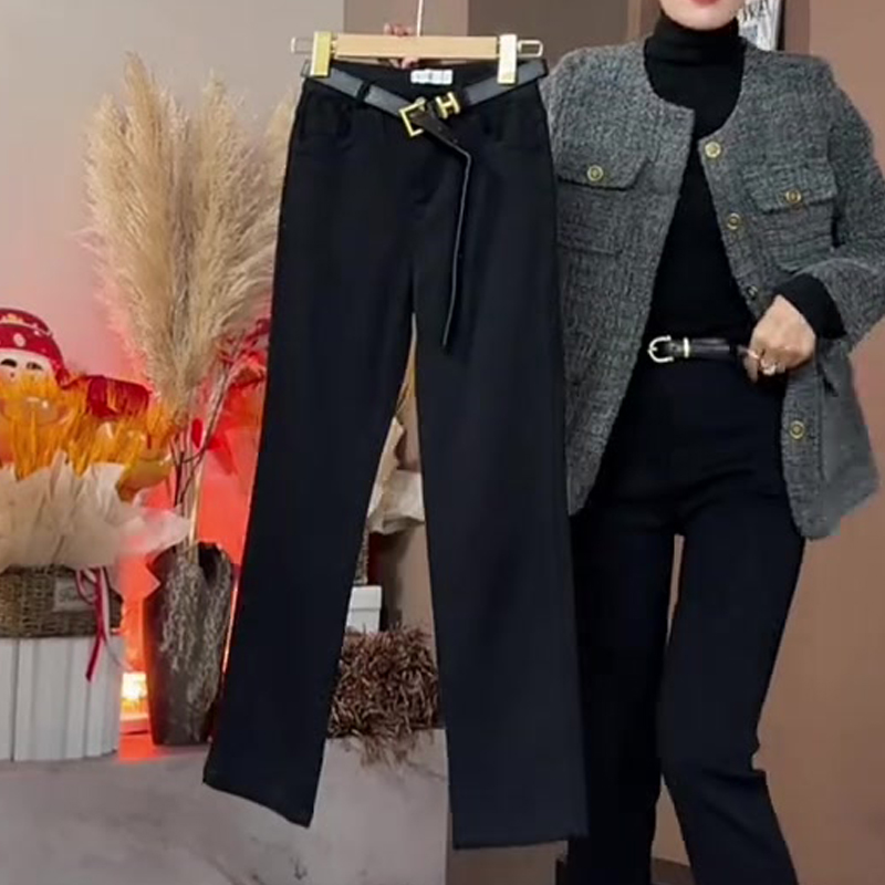 欧货高端定制黑色修身气质直筒裤