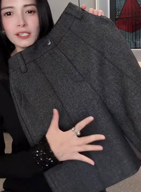 深灰色高级毛呢休闲风五分裤女