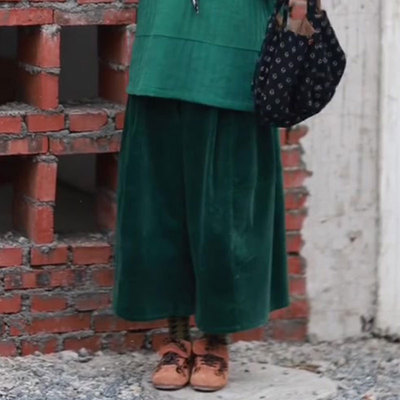定制墨绿色灯芯绒大码阔腿裤女