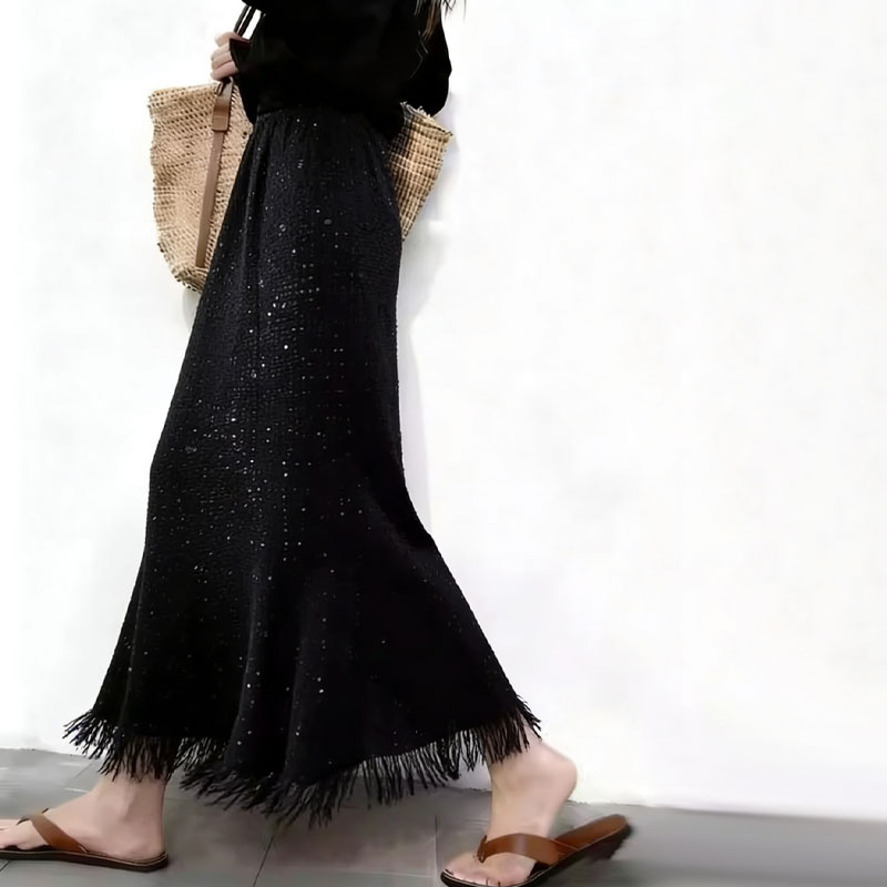 定制黑色亮片流苏大码半身裙女