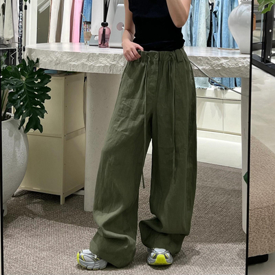 女高腰墨绿色抽绳宽松亚麻阔腿裤