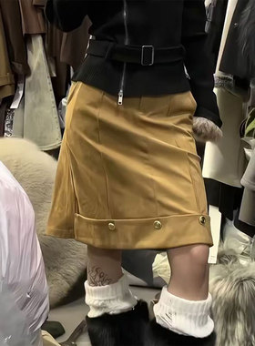 高端定制黄色毛呢大码半身裙女2025冬季新款加厚设计感铆钉a字裙