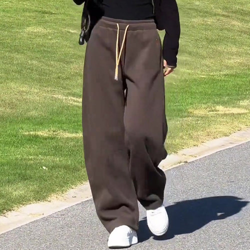 欧货高端定制咖色大码抽绳阔腿裤