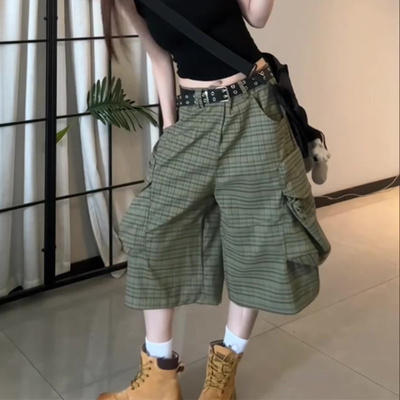 绿色洋气设计感工装风阔腿七分裤