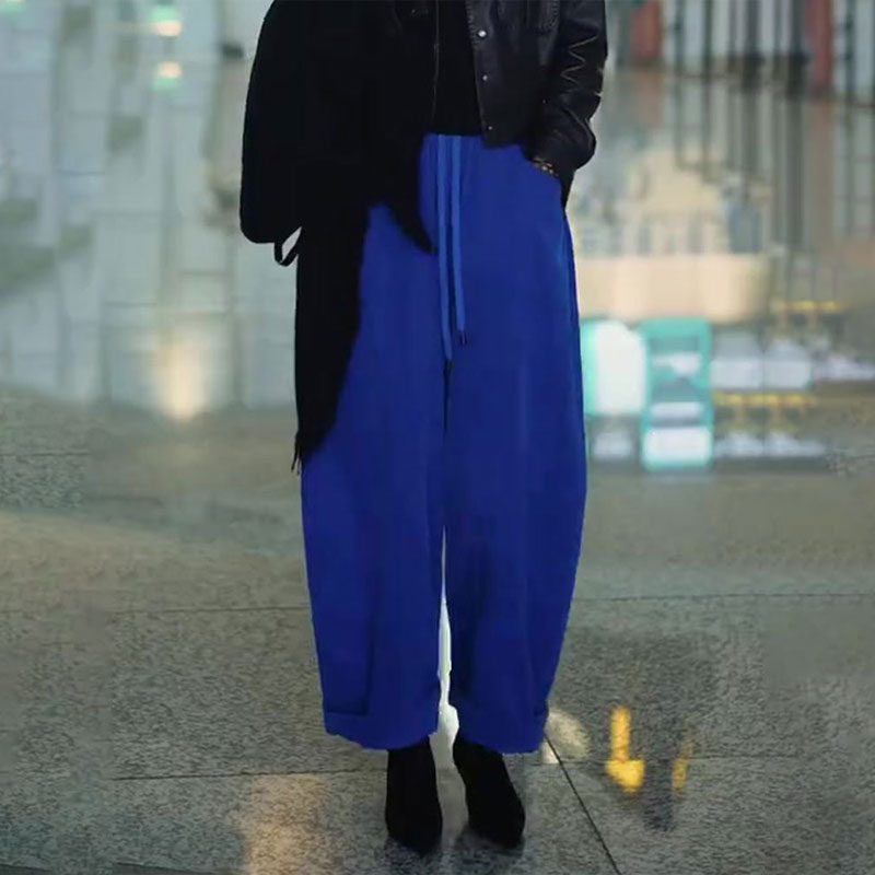 欧货高端定制宝蓝色灯芯绒大码阔腿裤女2025秋冬新款加厚休闲裤子