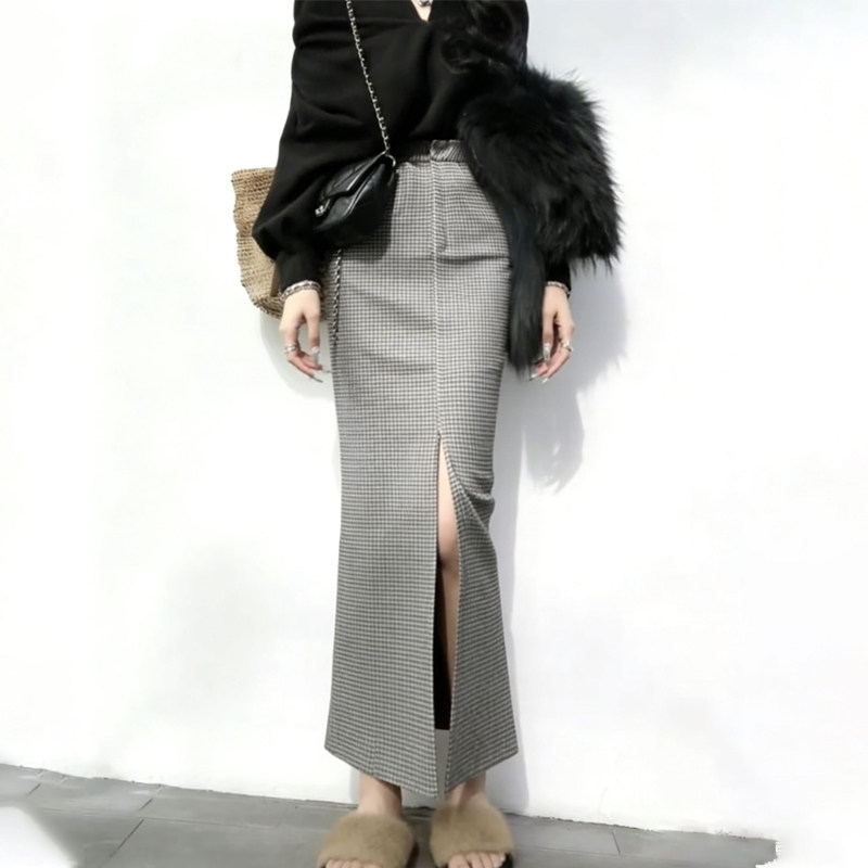 高端定制浅灰色格纹大码半身裙女
