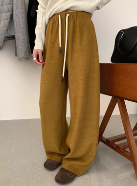 欧货高端定制姜黄色毛呢阔腿裤女2025秋冬新款大码复古休闲卫裤子