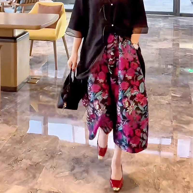 欧货正品枚红色印花设计感七分裤女2025年秋季新款时尚复古阔腿裤,女装/女士精品,大码裤装,淘宝优惠券,粉丝福利购,淘宝优惠卷