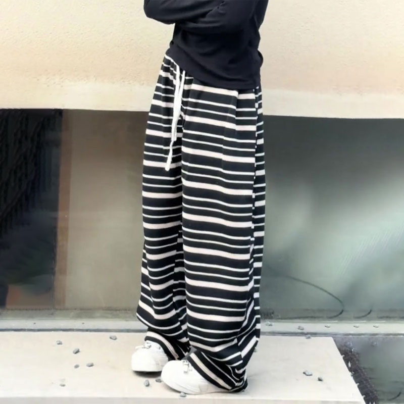 高端定制黑白条纹大码阔腿裤女