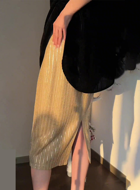 欧货高端定制淡黄色大码半身裙女2026早春新款亮丝轻熟风A字裙子