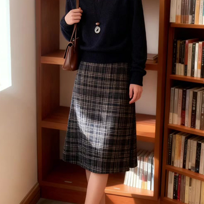 高端定制咖色毛呢大码格纹半身裙