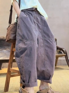欧货高端定制烟灰紫色大码阔腿裤女2026春夏新款做旧慵懒风弯刀裤