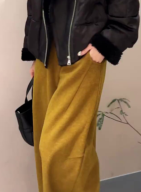 欧货高端定制姜黄色毛呢大码阔腿裤女2025秋冬厚款慵懒风休闲裤子