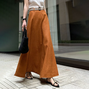 轻熟风A字裙子 新款 欧货高端定制焦糖色大码 亚麻半身裙女2026夏季