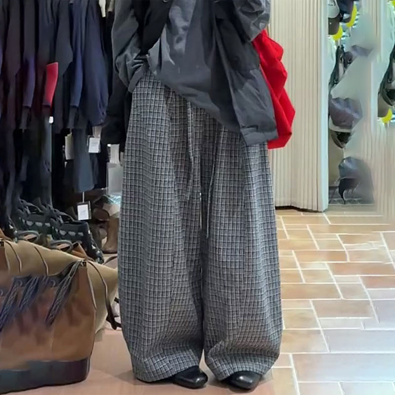 欧货高端定制灰色格子大码阔腿裤