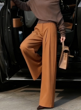 欧货高端定制橙色大码垂感阔腿裤女2025冬季新款加厚慵懒风西装裤