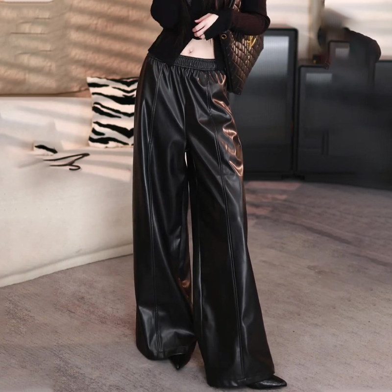 欧货高端定制黑色大码阔腿pu皮裤女2025冬季新款加厚慵懒风休闲裤,女装/女士精品,大码裤装,淘宝优惠券,粉丝福利购,淘宝优惠卷