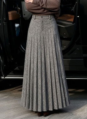 欧货高端定制灰色毛呢大码半身裙女2025冬季新款加厚A字百褶裙子