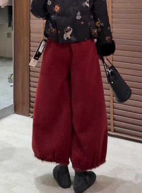 欧货高端定制深红色大码阔腿裤女2026早春新款慵懒风休闲灯笼裤子