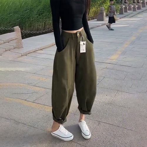 欧货定制军绿色大码九分弯刀裤女