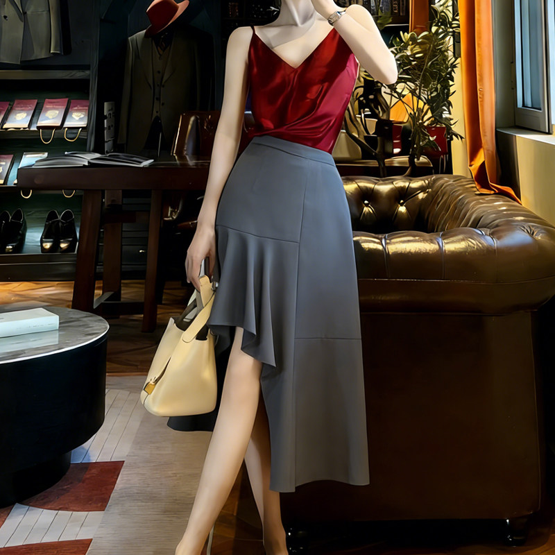 欧货高端定制灰色不规则大码半身裙女2026早春新款荷叶边A字裙子,女装/女士精品,大码半身裙,淘宝优惠券,粉丝福利购,淘宝优惠卷