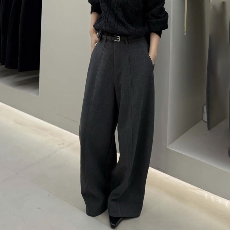 欧货高端定制深灰色毛呢大码阔腿裤女2025冬季新款加厚慵懒弯刀裤,女装/女士精品,大码裤装,淘宝优惠券,粉丝福利购,淘宝优惠卷