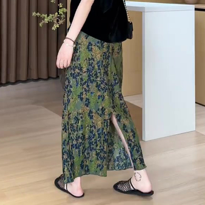 新中式绿色重工印花开叉半身裙女