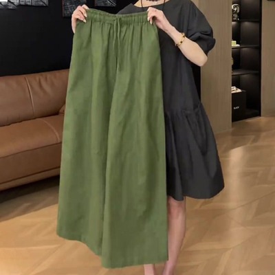 高级感绿色棉麻大码直筒裤女