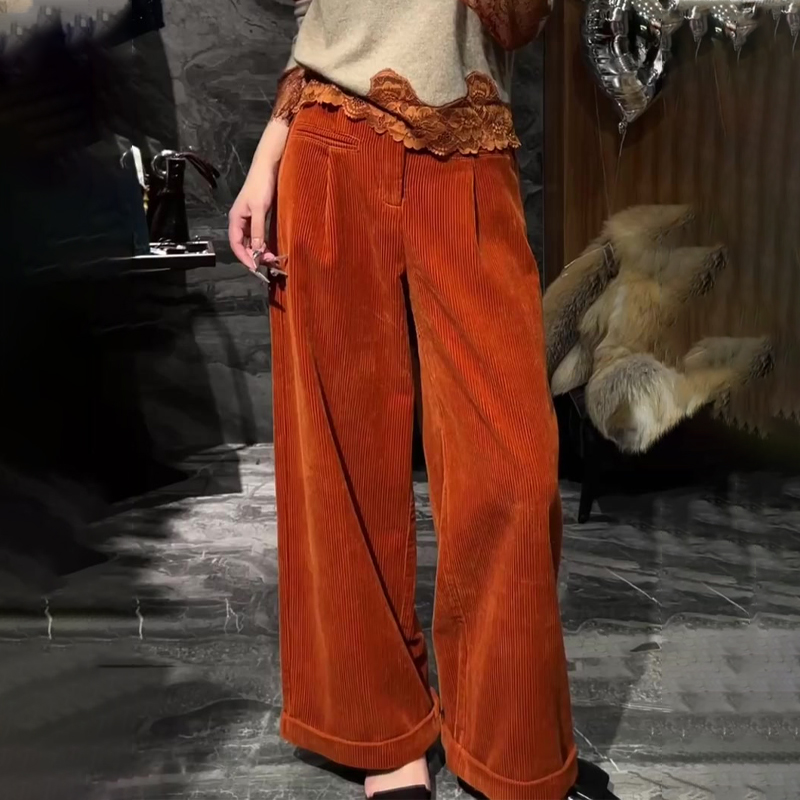 欧货高端定制橘色灯芯绒阔腿裤女