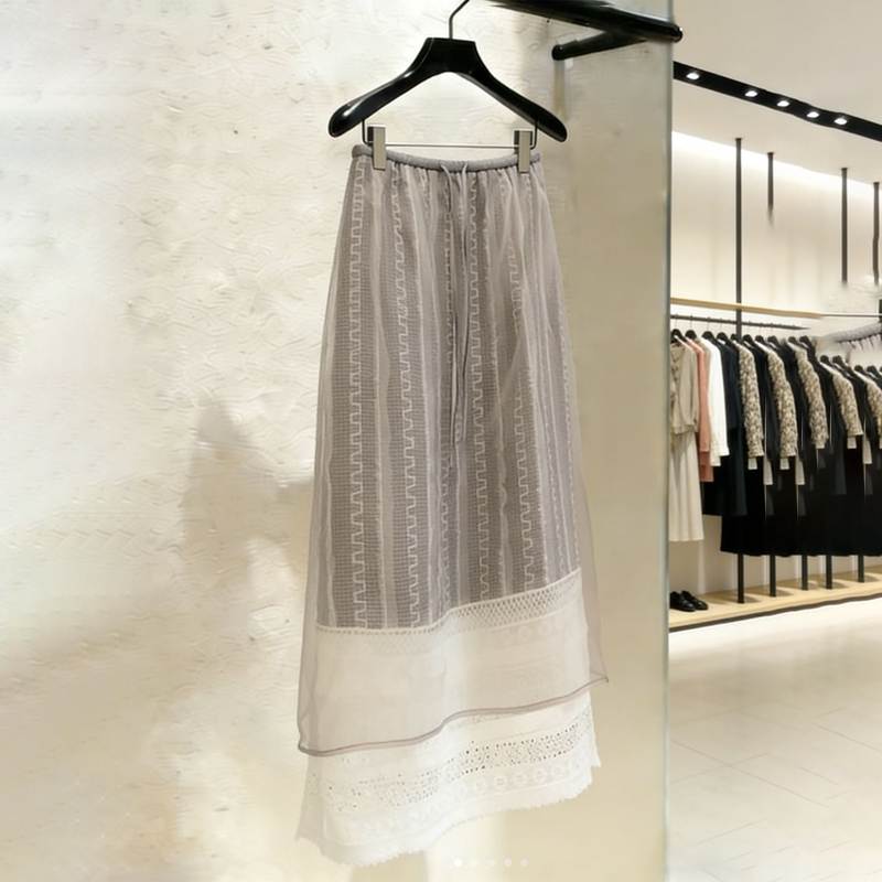 欧货高端定制浅灰色大码网纱半身裙女2026夏季新款蕾丝森系A字裙
