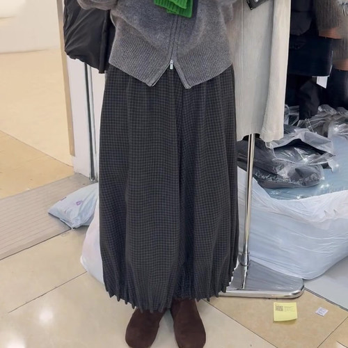 欧货高端定制灰色格纹大码阔腿裤