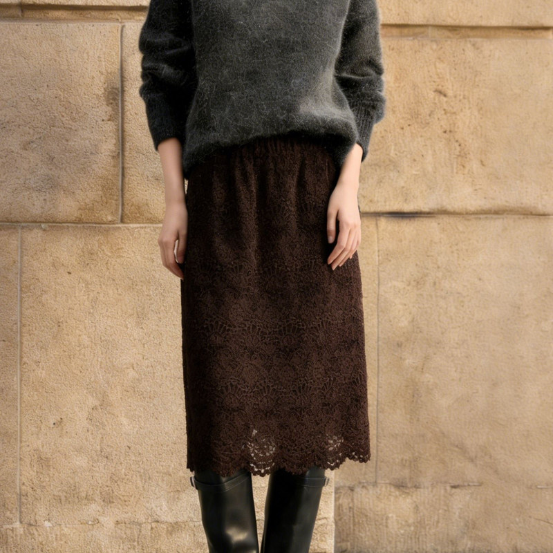 欧货高端定制深棕色蕾丝大码半身裙女2026早春新款轻熟风A字裙子,女装/女士精品,大码半身裙,淘宝优惠券,粉丝福利购,淘宝优惠卷