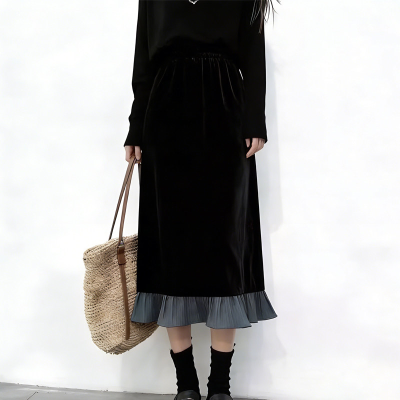 欧货高端定制黑色丝绒大码半身裙女2026早春新款慵懒拼接A字裙子,女装/女士精品,大码半身裙,淘宝优惠券,粉丝福利购,淘宝优惠卷