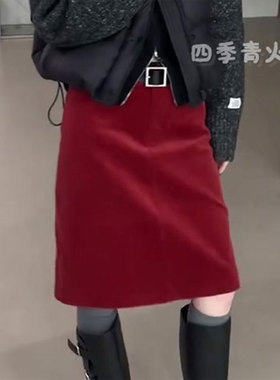 欧货高端定制红色大码半身裙女2025冬季新款加厚气质减龄a字裙子