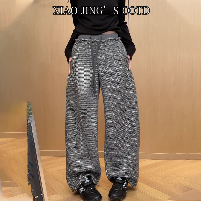 欧货高端定制花灰色毛呢大码阔腿裤女2025秋冬厚款慵懒风休闲裤子,女装/女士精品,大码裤装,淘宝优惠券,粉丝福利购,淘宝优惠卷