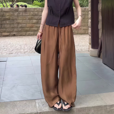 日系卡其色亚麻大码阔腿裤女装