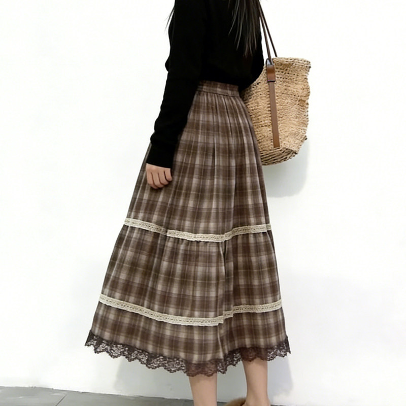 欧货高端定制棕色格纹大码半身裙女2026早春新款蕾丝边减龄大摆裙,女装/女士精品,大码半身裙,淘宝优惠券,粉丝福利购,淘宝优惠卷