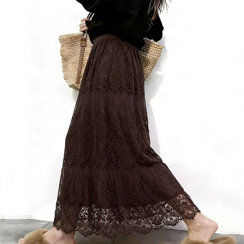 欧货高端定制棕色蕾丝大码半身裙女2026早春新款轻熟复古风大摆裙,女装/女士精品,大码半身裙,淘宝优惠券,粉丝福利购,淘宝优惠卷